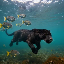 stunning ultra wide angle shot national geographic style photo of black jaguar swimming underwater in the amazon, as a school of piranha fish swim by