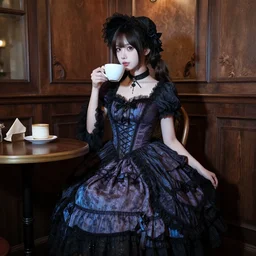 full body portrait photo of reol wearing a elegant gothic dress, open top, wearing a chocker and cute hat, drinking coffee in a victorian cafe interior, dim lighting, moody, realistic, intricate and detailed, dark, skin tinted a warm tone, light blue filter, hdr, dynamic
