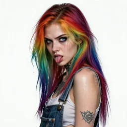 attractive grungy woman with rainbow hair, drunk, angry, soft eyes and narrow chin, dainty figure, long hair straight down, torn overalls, basic white background, side boob, tattooed, piercing, tongue, wet shirt, wet, raining, highly detailed face, realistic face, beautiful detailed eyes, fantasy art, in the style of greg rutkowski, illustration, epic, fantasy, intricate, hyper detailed, artstation, concept art, smooth, sharp focus, ray tracing, vibrant,