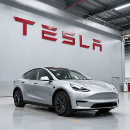 tesla in a tesla parked in a tesla factory inside a large tesla