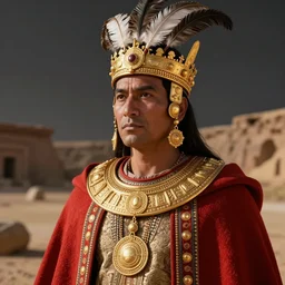 portrait of inca king in 1 4 1 8, pacha kutiq inka yupanki. gold jewelry, old headdress with feather, with a red cape. unreal 5, hyper realistic, realistic, photo realistic, dynamic lighting, highly detailed, cinematic landscape, studio landscape, studio lighting