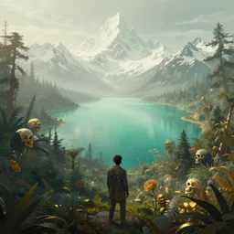 a retrowave style artwork of bobby shmurda wilderness, a land of the dead, divine, hazy, volumetric lighting, snowy summits in the background, vast turquoise lake, lush flora, empty, spacetime bending, very detailed, serene, gold accents, washed out colors, beautiful artwork, master level composition, raytracing
