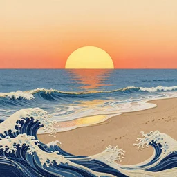 a beutiful sunset on a beach, fractal waves. japanese embroidery. retro minimalist art by jean giraud.