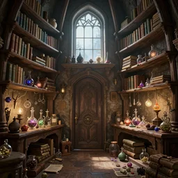 interior shot of a cluttered mage tower. shelves with books, magical experiments, spell ingredients, and potions. a beautiful view out a window. a fancy closed door, created in octane render, digital art, inspired by artstation, fantasy setting