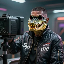 Digital art, trending on Artstation, G man from half life 2 in a supreme jacket with empty bleeding eye sockets grinning with yellow crocodile teeth into a TV camera, hyper realistic, dystopia, depth of field, physically based rendering, pbr render, very detailed, volumetric lighting, octane render
