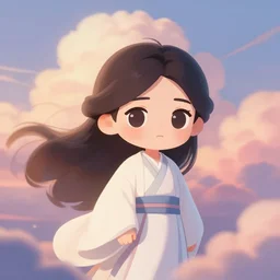 professional chibi inspired character design. flowing robes. dreamland wonderland haughty stubborn friendly moody shy modest princess character portrait. close - up key visual. turbulent wind, eyes, character portrait, close - up, cute pleasing palette, undulating nebulous sunset clouds adorable, idyllic cumulonimbus adorable matte painting key visual pastel from fantasia ( 1 9 4 1 )