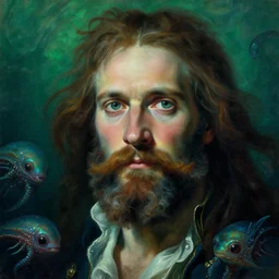 baroque neoclassicist close - up portrait of an bearded sea captain with an intense gaze, underwater with alien sea creatures. iridescent textures. deep green and blue. highly detailed science fiction painting by norman rockwell, frank frazetta, and syd mead. rich colors, high contrast, gloomy atmosphere. trending on artstation and behance.