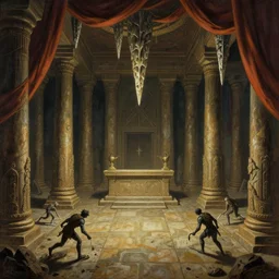 deathtrap dungeon, by joe dever, lone wolf, stalactones, drapes, temple, pillars, altar, traps, from inside a temple, temple run, painted by greg rutkowski