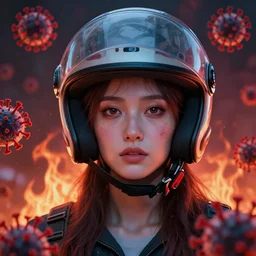 a woman with a helmet on her head, 🛻🫂❤🔥🫁🦠, hyper detailed, masterpiece, artstation, advanced lighting technology, stylized yet realistic surrealism, 4 k wallpaper