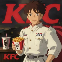 hayao miyazaki as colonel sanders in a kfc ad, advertising, detailed