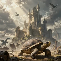 large fantasy castle rising from the top of a giant tortoise, towering over a harsh wasteland with sharp rays of sunlight, howls moving castle, mortal engines, kaiju, distant - mid - shot, fantasy, hyper detailed, 4 k