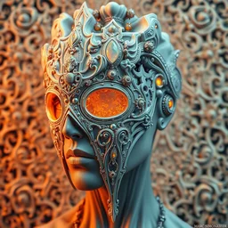 human portrait, face, wearing a carved mineral mask with tiny mineral incrustations, godness, ethereal, opal, cyborg, mechanical, elements, baroque, rococo, white, orange, ink, tarot card with ornate by marc simonetti, peter mohrbacher, cinematics lights, detailed, intricate illustration, octane render, fractal bacground, fine art, golden ratio, cg