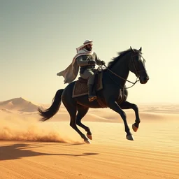 a desert concept art with only one arab warrior wearing a white and red arab keffiyeh riding a black horse running from left to right wide shot, cinematic, ultra real, 4 k, highly detail