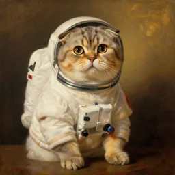 scottish fold, cat cosmonaut!!!!, proudly posing for a portrait, painted by rembrandt, intricate, detailed, atmospheric lighting, golden hour.