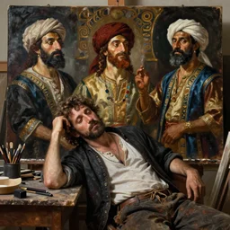 a an exhausted artist in his studio orientalist intricate portrait by john william waterhouse and edwin longsden long and theodore ralli and nasreddine dinet, oil on canvas. cinematic, hyper realism, dramatic lighting, high detail 8 k