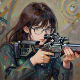 anime woman, glasses, sniper rifle, intricate oil painting by greg rutkowski, trending on artstation