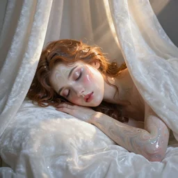 liquid marble acrylic paint from victorian era of beautiful model face sleeping in white velvet curtains, god rays, magic hour, surreal