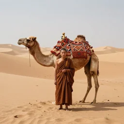 a monk in the middle of a big dessert standing beside a camel, by małgorzata kmiec, by david villegas, poster, polished