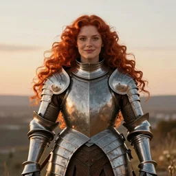 Symmetrical knight of symmetry. Bulky red-haired woman with long curly symmetrical red hair. Plate armor. Cheerful. Art by William-Adolphe Bouguereau. During golden hour. Extremely detailed. Beautiful. 4K. Award winning.