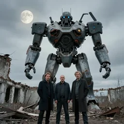 a ivan shishkin and simon stalenhag photo of a ruined building under an enormous robot, the sky is cloudy. the moon is full.