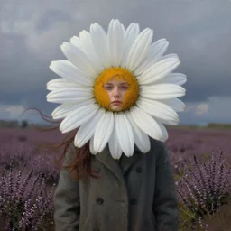 portrait, enormous daisy flower face, a girl wearing coat in heather field, surreal photography, wind and cold, dramatic sky, impressionist painting, digital painting, artstation, simon stalenhag