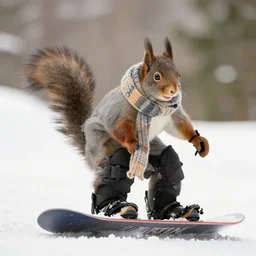 squirrel snowboarding on burton snowboard, wearing scarf, photograph