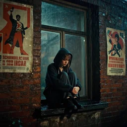 at night, sadie sink in hoodie sits on windowsill, knees tucked in. rain falls, old brick wall with ussr propaganda posters : 1 6 mm film, anamorphic, single long shot from schindler's list by steven spielberg. cyberpunk, cinematic atmosphere, detailed and intricate, perfect anatomy