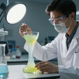 A man analyzing a glass filled with slime in a laboratory, studio light, 4K, award winning