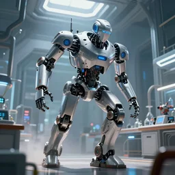 Futuristic robot escaping a science laboratory, Photorealistic, raytracing, metal surfaces, epic