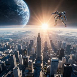 gigantic city seen from spce with cinematic light, 8 k landscape render, space japan mech in the space, ice planet, sunset, sunrays