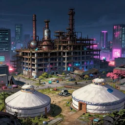 a beautiful photorealistic anime illustration of yurt urbex building industrial architecture unfinished building city by rosa bonheur, azeroth landscape alien lightpaint nightvision infrared tokyo uv light neon signs, archdaily, wallpaper, highly detailed, trending on artstation.