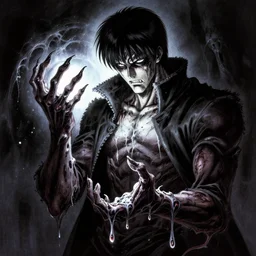 griffith holding behelit during the eclipse from berserk, creepy, melting, since, horror, art by wayne barlowe, giger, artgerm