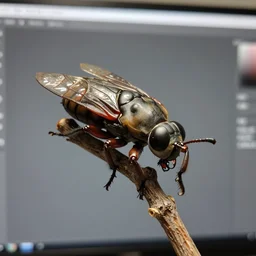 a close up of a fake insect on a stick, a computer rendering by h. r. giger, trending on zbrush central, neoplasticism, zbrush, reimagined by industrial light and magic, # vfxfriday