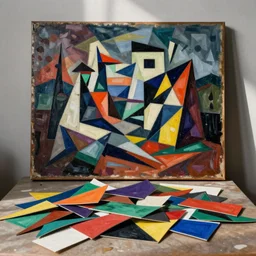 a pile of colorful pieces of art sitting on top of a table, a cubist painting by hans hofmann, trending on unsplash, cubism, cubism, constructivism, art