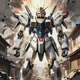 portrait of anime mecha, japanese town background, damaged walls, detailed mech armor, sharp details, strong shadows, crisp edges, illustration concept art anime key visual trending pixiv fanbox by wlop and greg rutkowski and makoto shinkai and studio ghibli and kyoto animation, alphonse mucha and caravaggio, symmetrical body