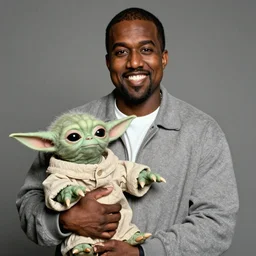 kanye west smiling and holding yoda for a 1 9 9 0 s sitcom tv show, studio photograph, portrait