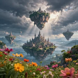 whimsical islands in the sky, sprawling fantasy city, storm clouds, god rays, flowers close up in foreground, max rive, 4 k, instagram, landscape, hdr