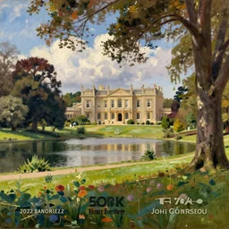 Portrait of a park with a lake and large Manor house in the background, well lit, colourful, detailed, painting in the style of John Constable