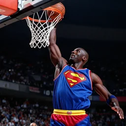 michael Jordan as superman dunking a basketball