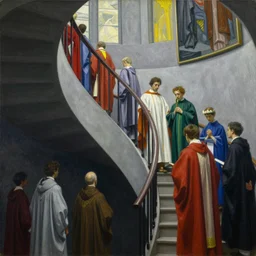 worshippers in robes ascend a spiral staircase, spiral staircase, interior, beksinski painting, part by adrian ghenie and gerhard richter. art by takato yamamoto. masterpiece, deep colours