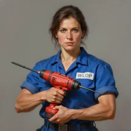 epic portrait a slightly muscular woman wearing short sleeved uniform in blue and carrying a red power tool drill, detailed, centered, digital painting, artstation, concept art, donato giancola, Joseph Christian Leyendecker, WLOP, Boris Vallejo, Breathtaking, 8k resolution, extremely detailed, beautiful, establishing shot, artistic, hyperrealistic, beautiful face, octane render