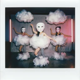 polaroid of dancers that are made from cotton candy, smoke and clouds, wearing giant paper masks, mix, DADA collage, texture, lomography, fashion neon light, long striped legs