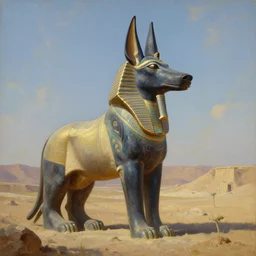 beautiful landscape oil matte painting, of ancient egypt giant satue of anubis, art by anders zorn, wonderful masterpiece by greg rutkowski, beautiful cinematic light, thomas lawrence, greg rutkowski