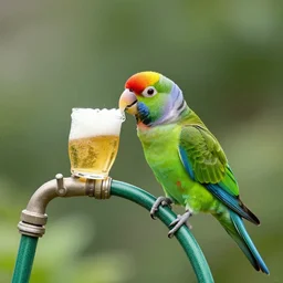 a parrot drinking a beer from a garden hose,