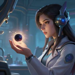 league of legends concept art beautiful young female scientist examining small black hole in her hand, long hair, hi tech gear, futuristic laboratory background interior, art by charles liu, close - up profile shot, fantasy style, soft lighting, vibrant color scheme, female portrait, ultra detailed, volumetric lighting, octane render, commission art, 8 k wallpaper