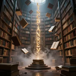 magical library with floating books, glowing, mist in the air. By Konstantin Razumov, highly detailded