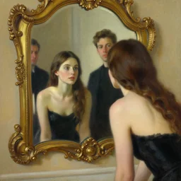 a woman looking at her reflection in an ornate mirror. painting by artgerm and greg rutkowski and ilya kuvshinov