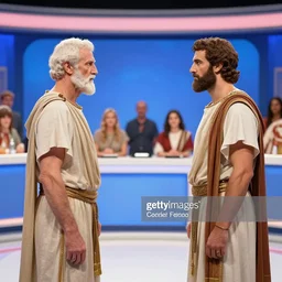 ancient greek philosopher faceoff on family feud game show, set photo, getty images, photorealistic, modern day