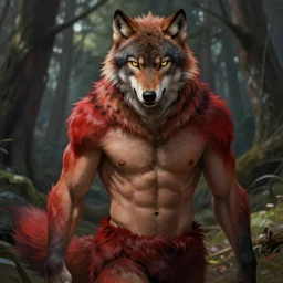 portrait of a beautiful young fit male werewolf with yellow eyes, wolf head, partially male hairy torso, fur covered legs, feral scene, by greg rutkowski and alphonse mucha, d & d character, gradient red to black, in front of a forest background, highly detailed portrait, digital painting, artstation, concept art, smooth, sharp focus ilustration, artstation hq