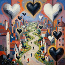 a collision of exploding black hearts and white hearts in brutalism form of an endlessly long and winding path through an fantasy village, vivid vibrant geometric art nouveau. trending on pixiv and artstation. an absurdly detailed oil painting